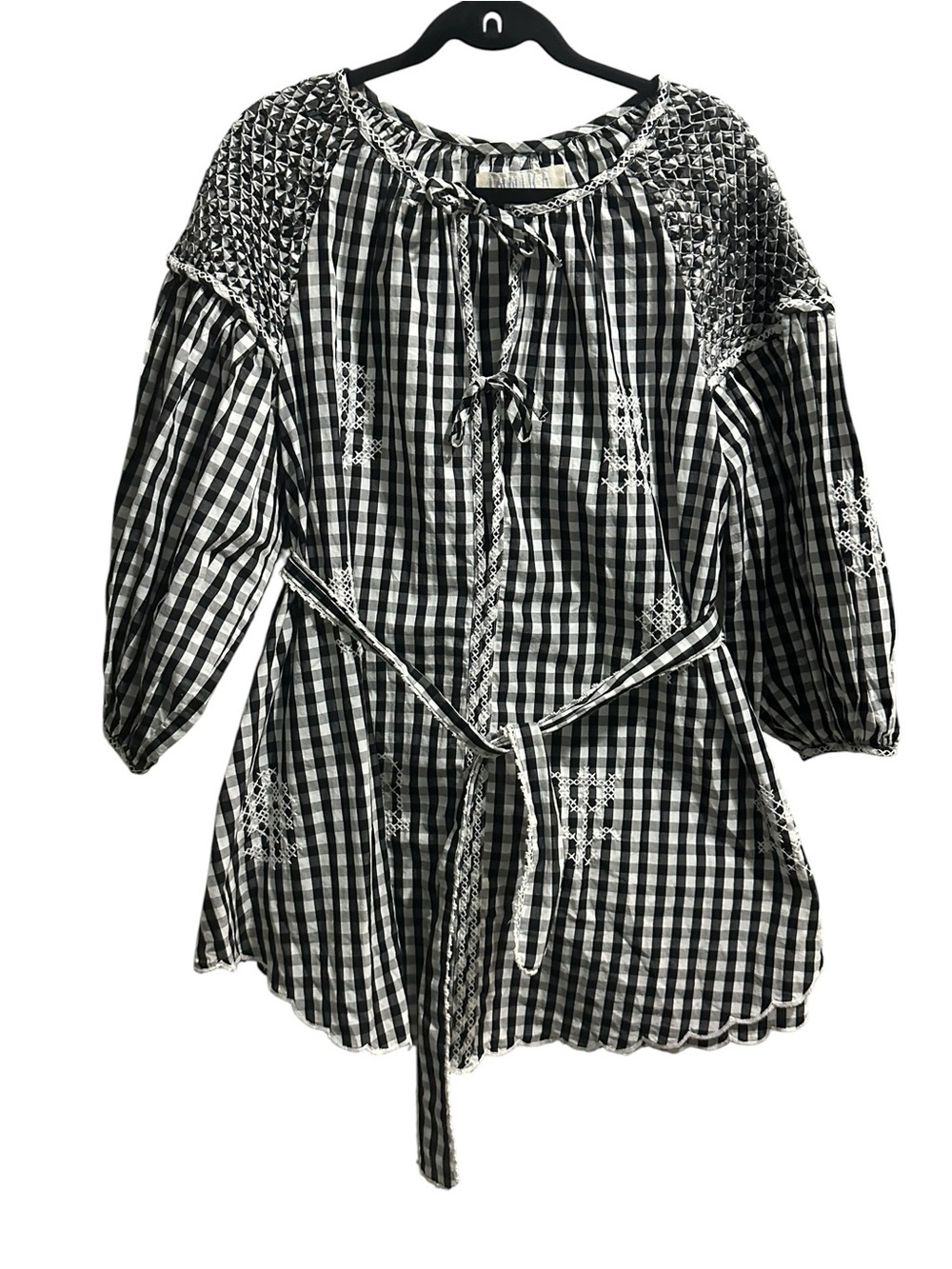 Innika Black & White Gingham Tie-Front Peasant Tunic size 3/XL